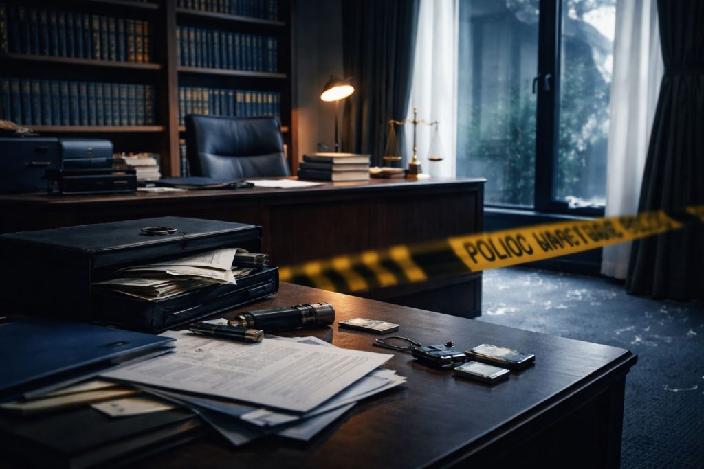 Ilustrasi suasana rumah dan kantor pasca pembobolan terkait curat paling sering 2024, menggambarkan pola kejahatan pencurian dengan pemberatan yang marak terjadi.