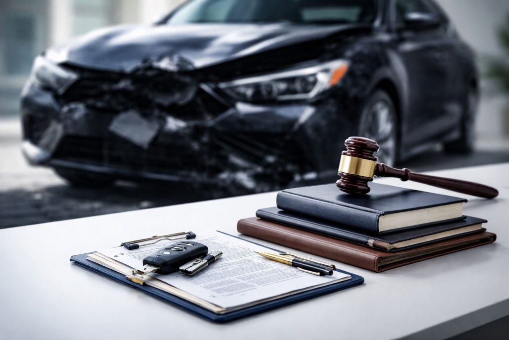 Ilustrasi proses hukum ganti rugi kecelakaan lalu lintas dengan dokumen klaim, palu hakim, dan kendaraan rusak sebagai bukti pendukung.