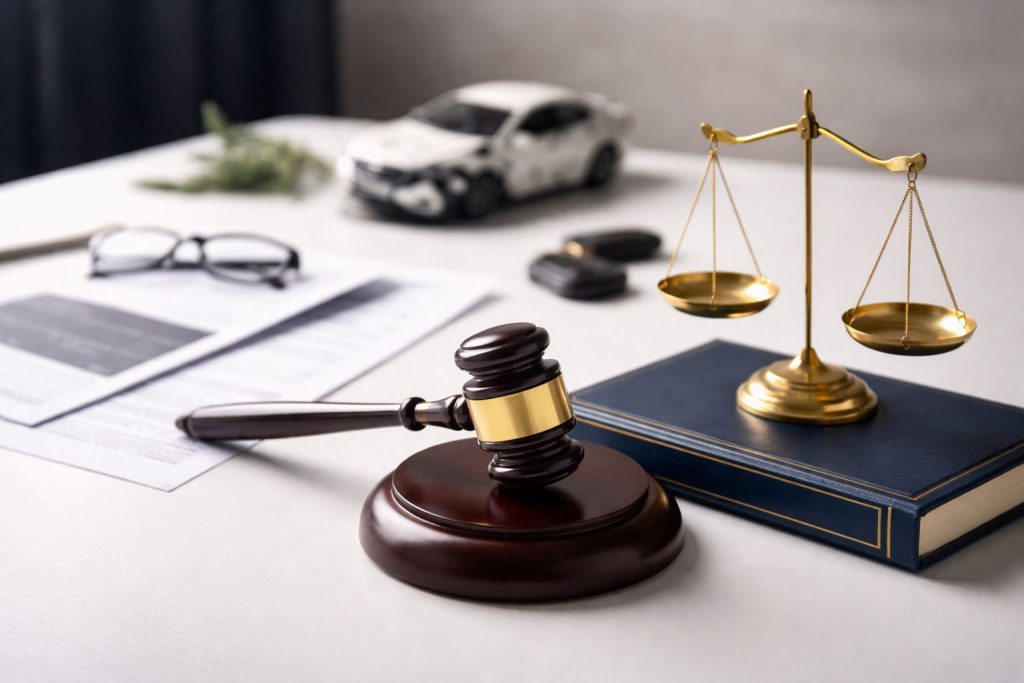 Ilustrasi minimalist bertema hukum dan lalu lintas yang merepresentasikan penurunan fatalitas kecelakaan Jawa Barat serta implikasinya terhadap penanganan perkara dan hak korban.