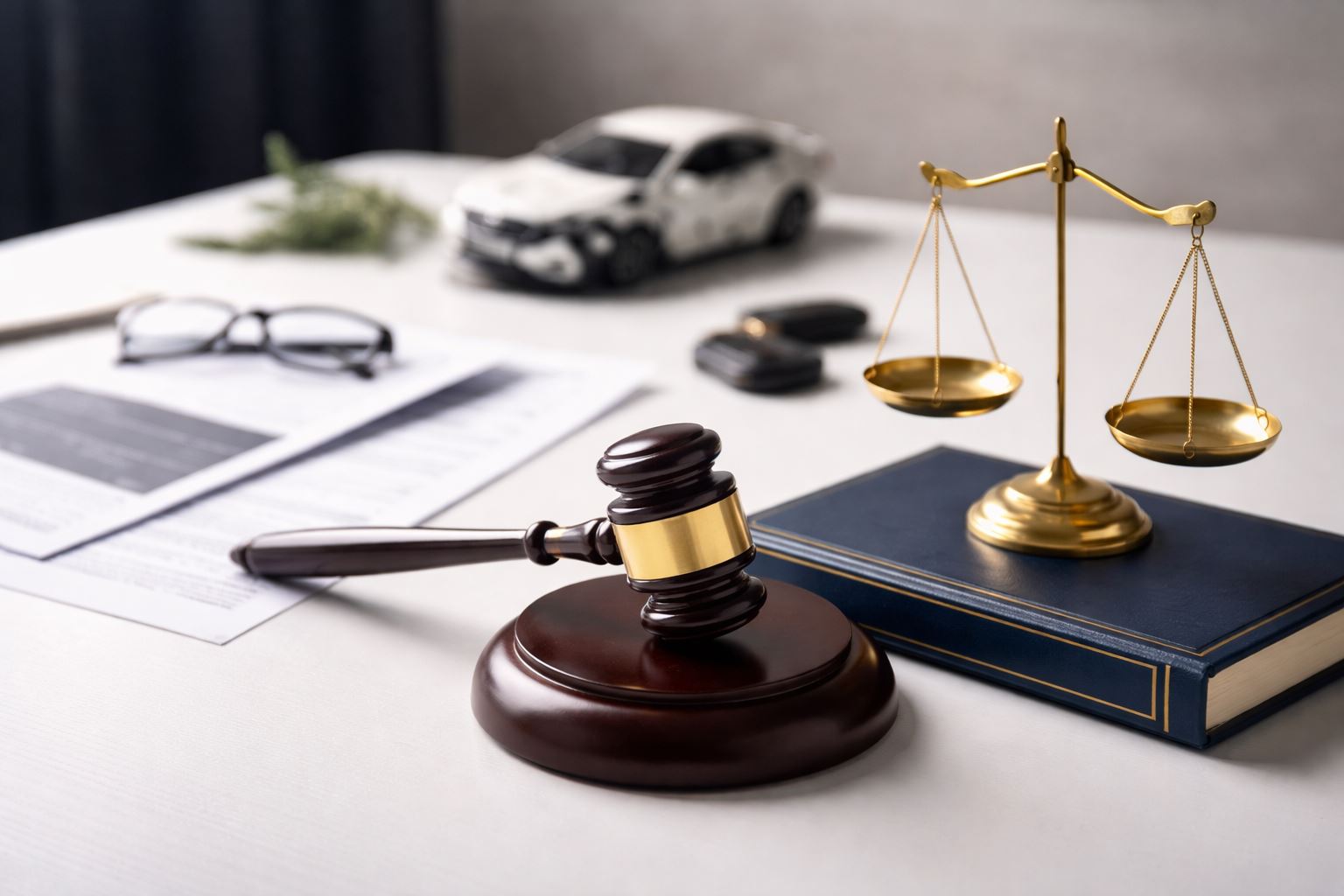 Ilustrasi minimalist bertema hukum dan lalu lintas yang merepresentasikan penurunan fatalitas kecelakaan Jawa Barat serta implikasinya terhadap penanganan perkara dan hak korban.