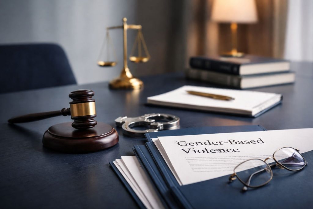 Ilustrasi simbolik kekerasan berbasis gender 2024 dalam perspektif hukum dan keadilan, menyoroti hambatan struktural korban dalam melapor kasus kekerasan berbasis gender di Indonesia.