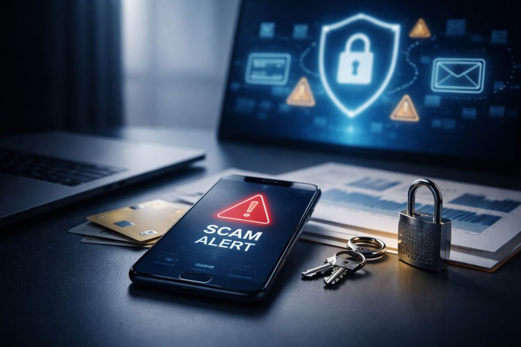 Ilustrasi keamanan digital yang merepresentasikan laporan penipuan digital 2025, menampilkan ancaman siber, perlindungan data, dan kewaspadaan terhadap modus penipuan online.