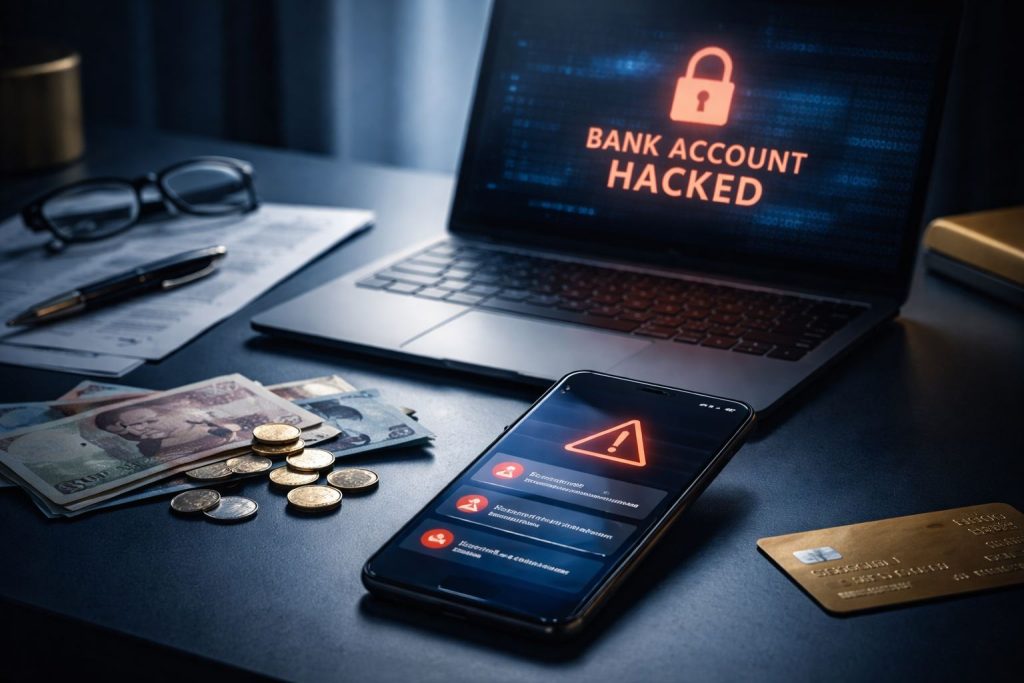 Ilustrasi kerugian kejahatan siber 2025 yang menggambarkan rekening digital diretas, transaksi keuangan ilegal, dan jejak dana yang sulit dilacak dalam kasus scam dan penipuan online.