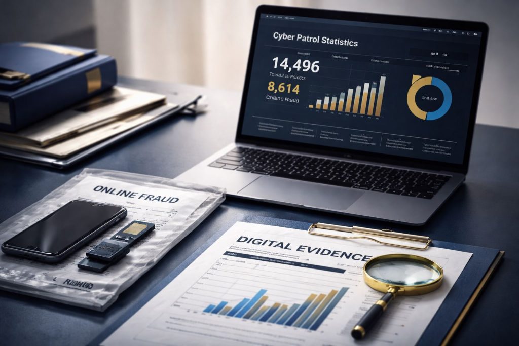 Ilustrasi minimalist statistik patroli siber Polri di ruang kerja profesional, menampilkan perangkat digital dan dokumen bukti elektronik untuk kasus penipuan online.