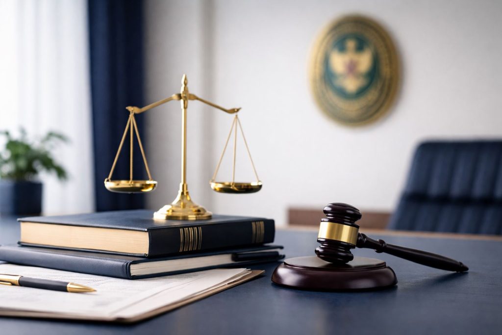 Ilustrasi minimalis beban perkara Mahkamah Agung dengan palu hakim, timbangan keadilan, dan nuansa profesional biru navi–gold yang menggambarkan tekanan proses kasasi.