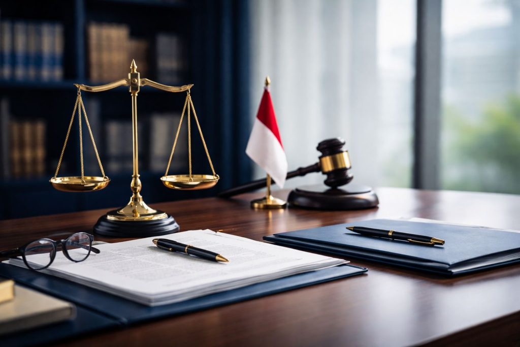 Ilustrasi minimalist kepatuhan hukum perusahaan Indonesia 2026 dengan nuansa kantor hukum modern, dokumen korporasi, dan elemen legal beraksen navy-gold.