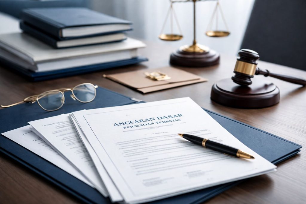 Ilustrasi profesional perubahan anggaran dasar PT di meja kerja hukum modern, menampilkan dokumen korporasi, pena emas, dan nuansa legal minimalis bernuansa navy dan gold.