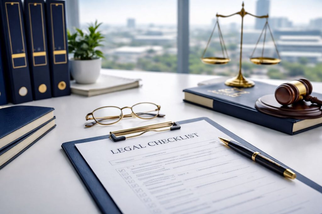 Ilustrasi legal checklist perusahaan Karawang dengan nuansa profesional minimalis, menampilkan elemen dokumen hukum, kontrak bisnis, dan kepatuhan perizinan untuk UMKM serta perusahaan.