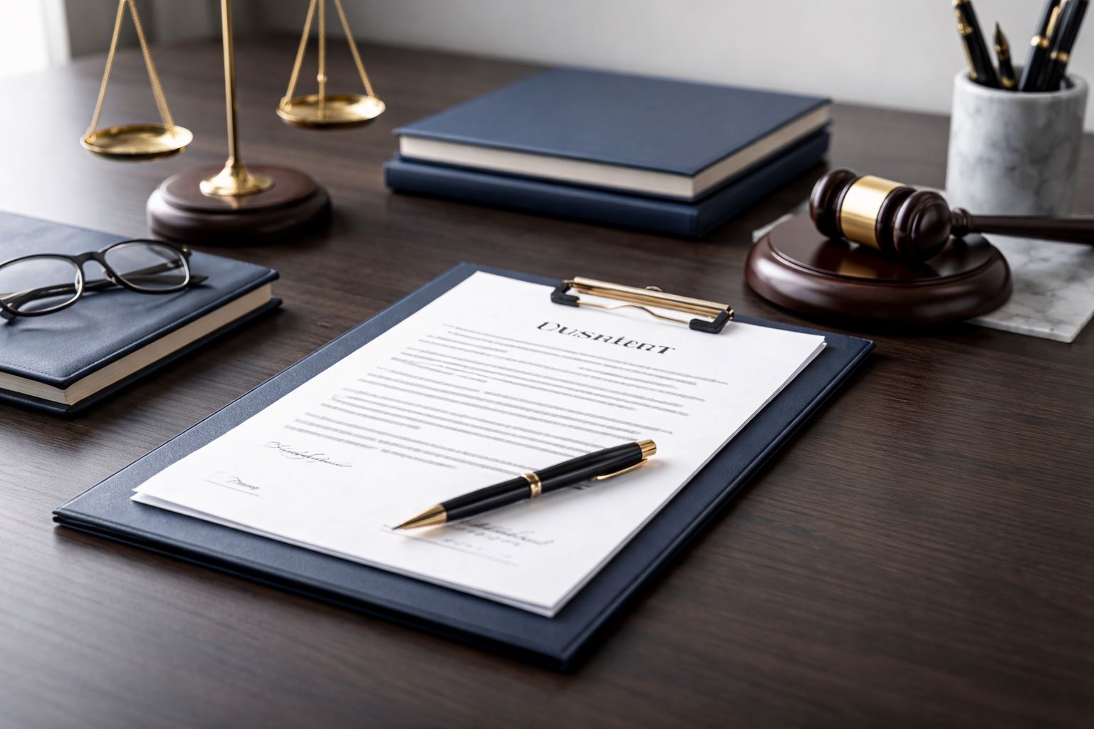 Ilustrasi kontrak bisnis aman secara hukum di meja kerja legal minimalis dengan dokumen perjanjian, palu hakim, timbangan keadilan, dan aksen biru navi serta gold.