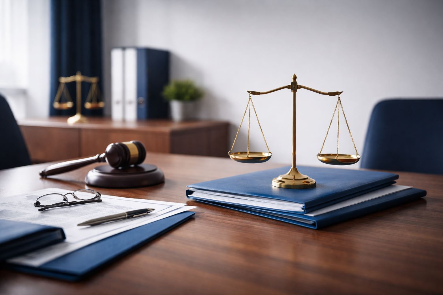 Ilustrasi sengketa bisnis mediasi arbitrase di ruang rapat hukum modern minimalis dengan simbol keadilan, dokumen kontrak, dan nuansa profesional biru navi emas.