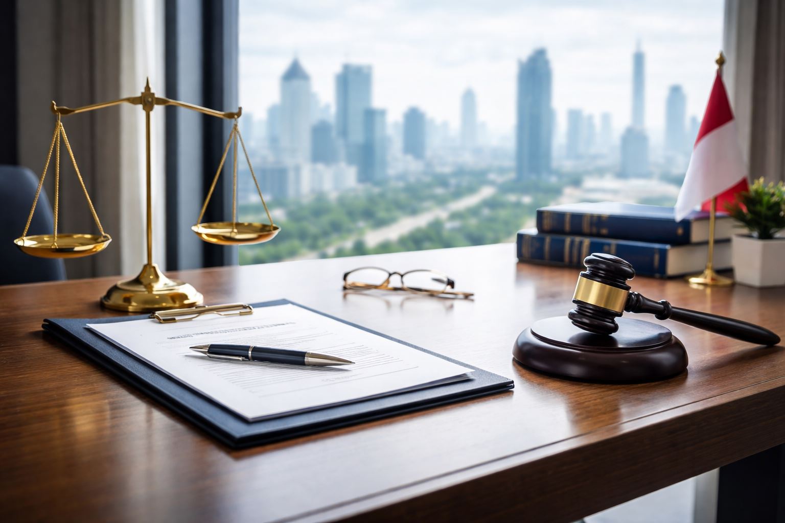 Ilustrasi arbitrase bisnis Indonesia 2026 dalam ruang rapat modern minimalis, menampilkan palu sidang, timbangan keadilan, dan dokumen kontrak bernuansa biru navi dan gold.