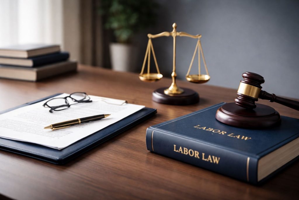 Ilustrasi minimalist panduan hukum ketenagakerjaan 2026 dengan nuansa kantor hukum profesional, menampilkan simbol keadilan, dokumen kerja, dan elemen legal bernuansa biru navi serta gold.