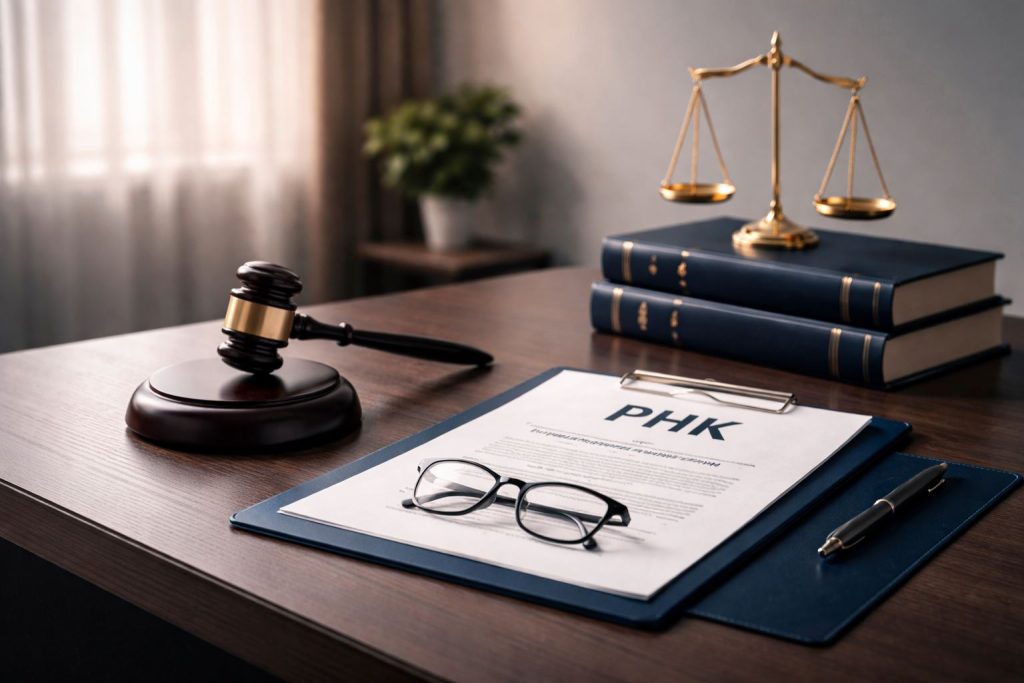 Ilustrasi minimalist prosedur PHK yang sah di kantor hukum profesional dengan dokumen, palu hakim, dan nuansa legal modern