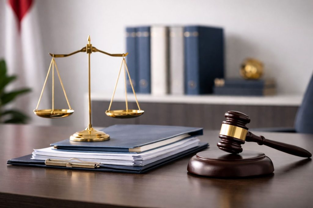 Ilustrasi minimalist pkwt outsourcing pasca putusan mk dengan dokumen hukum, palu hakim, dan timbangan keadilan bernuansa profesional navy dan gold