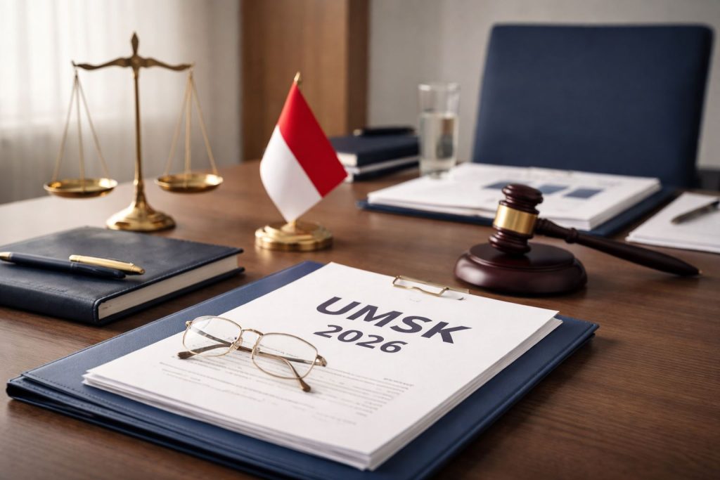 Ilustrasi minimalist suasana kantor hukum profesional bertema UMSK Jawa Barat 2026 dengan elemen dokumen, palu hakim, dan aksen biru navi serta gold