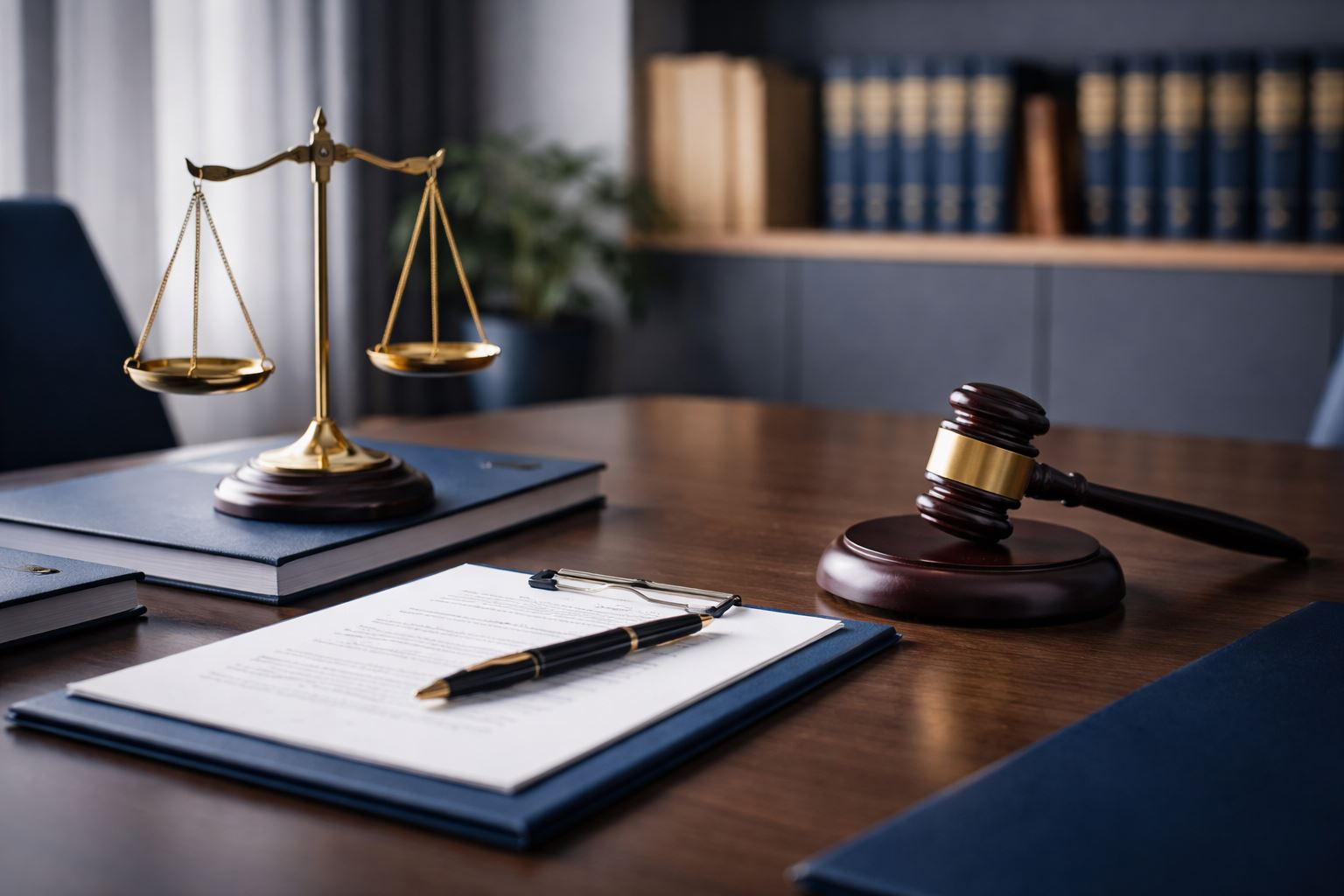 Ilustrasi perselisihan hubungan industrial perusahaan dengan simbol hukum, dokumen sengketa ketenagakerjaan, dan suasana kantor profesional bernuansa minimalis navy-gold.