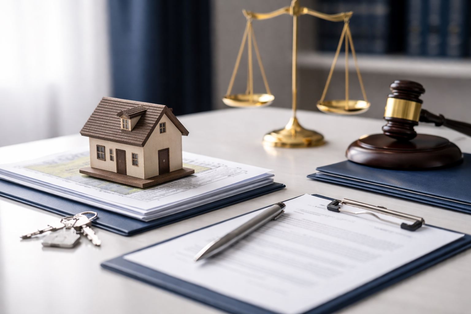 Ilustrasi minimalist dokumen dan properti untuk panduan jual beli tanah aman secara hukum, menampilkan berkas penting, simbol legalitas, dan suasana profesional tanpa objek manusia.