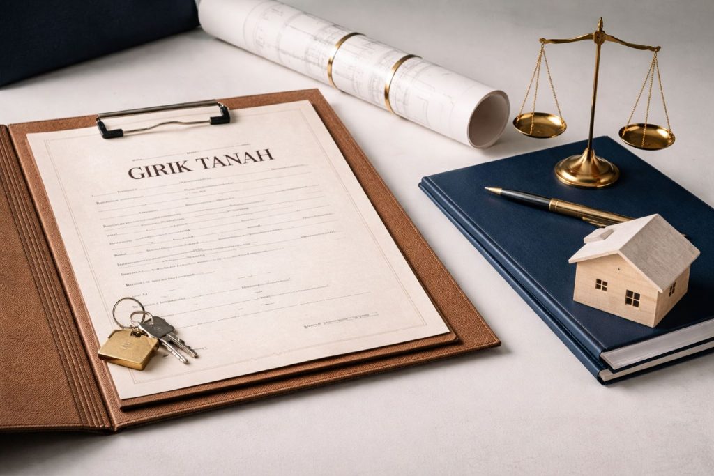 Ilustrasi status hukum tanah girik di Indonesia dengan dokumen kepemilikan lama, elemen properti, dan nuansa legal modern minimalis