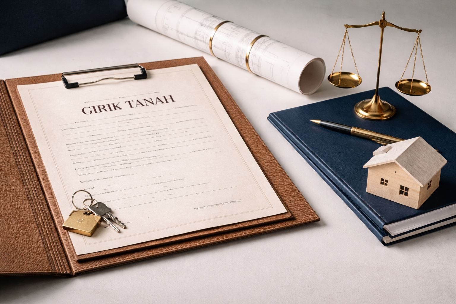 Ilustrasi status hukum tanah girik di Indonesia dengan dokumen kepemilikan lama, elemen properti, dan nuansa legal modern minimalis