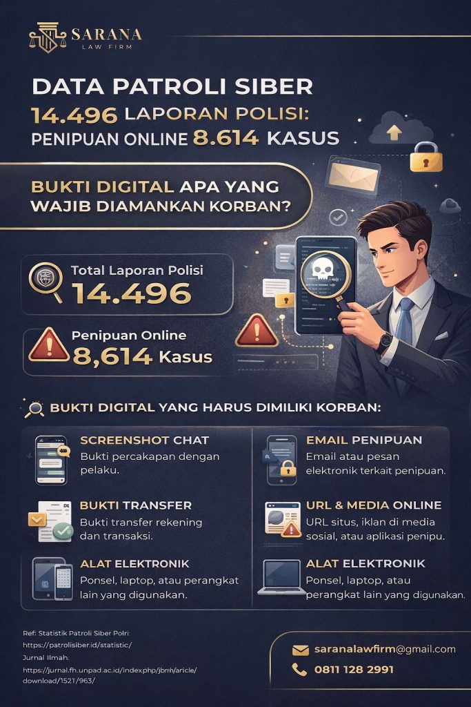 Infografis Sarana Law Firm tentang statistik patroli siber polri yang menampilkan 14.496 laporan polisi dan 8.614 kasus penipuan online, disertai panduan bukti digital yang wajib diamankan korban seperti screenshot chat, bukti transfer, email, URL, dan perangkat elektronik.