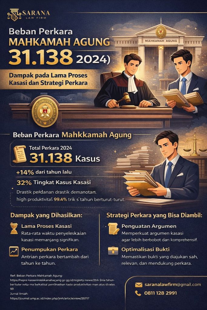 Infografis Sarana Law Firm tentang beban perkara Mahkamah Agung tahun 2024 yang mencapai 31.138 perkara, menyoroti dampaknya terhadap lamanya proses kasasi serta strategi perkara yang perlu disiapkan secara lebih cermat, terstruktur, dan berbasis kekuatan argumentasi hukum.