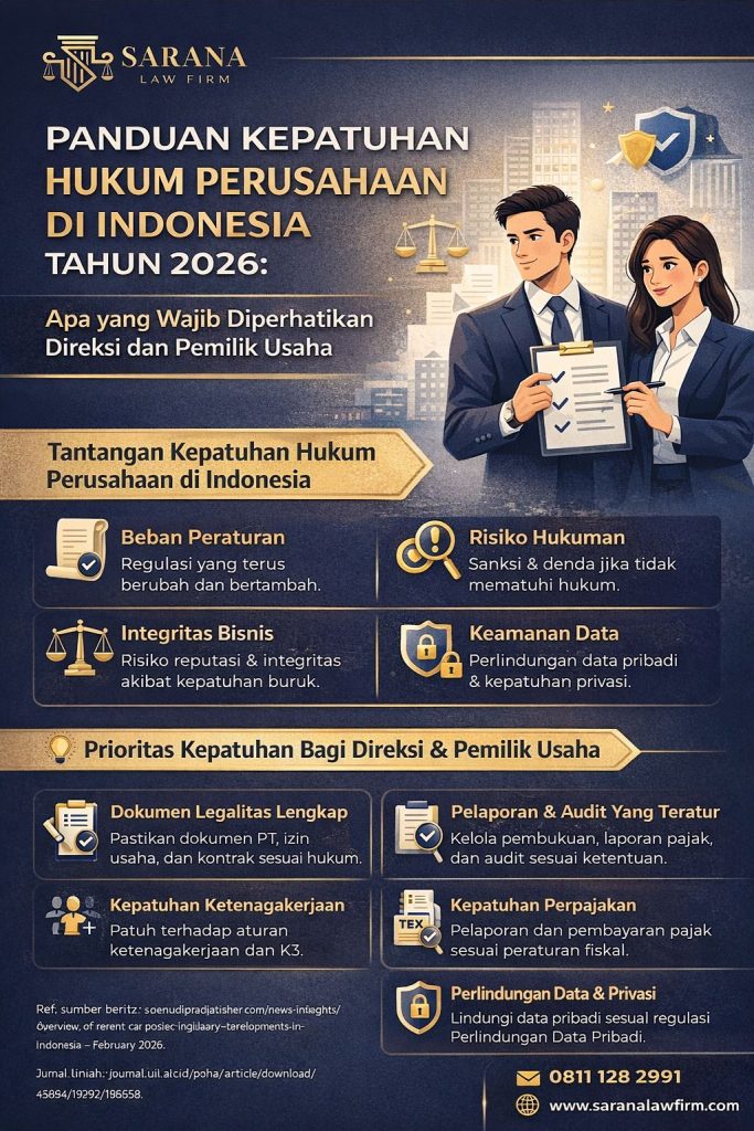 Infografis Sarana Law Firm tentang kepatuhan hukum perusahaan Indonesia tahun 2026 yang menyoroti kewajiban direksi dan pemilik usaha, mulai dari legalitas perusahaan, kepatuhan perpajakan, ketenagakerjaan, perlindungan data pribadi, hingga audit dan pelaporan usaha secara tertib.