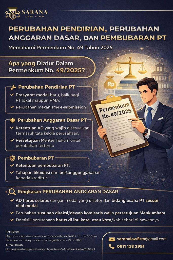 Infografis Sarana Law Firm mengenai perubahan anggaran dasar PT yang menjelaskan kaitannya dengan perubahan pendirian, penyesuaian ketentuan perseroan, serta pembubaran PT berdasarkan Permenkum No. 49 Tahun 2025 dalam desain elegan bernuansa hukum modern.