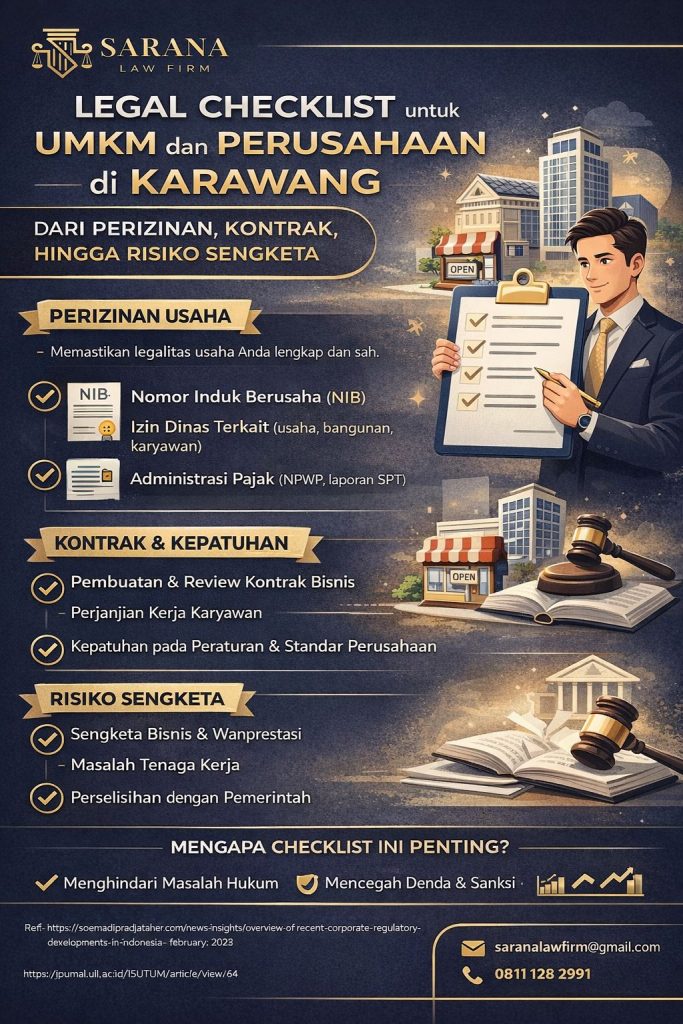 Infografis Sarana Law Firm tentang legal checklist perusahaan Karawang untuk UMKM dan perusahaan, mencakup perizinan usaha, kontrak bisnis, kepatuhan hukum, serta risiko sengketa, dengan desain elegan bernuansa biru tua dan emas serta ilustrasi profesional.