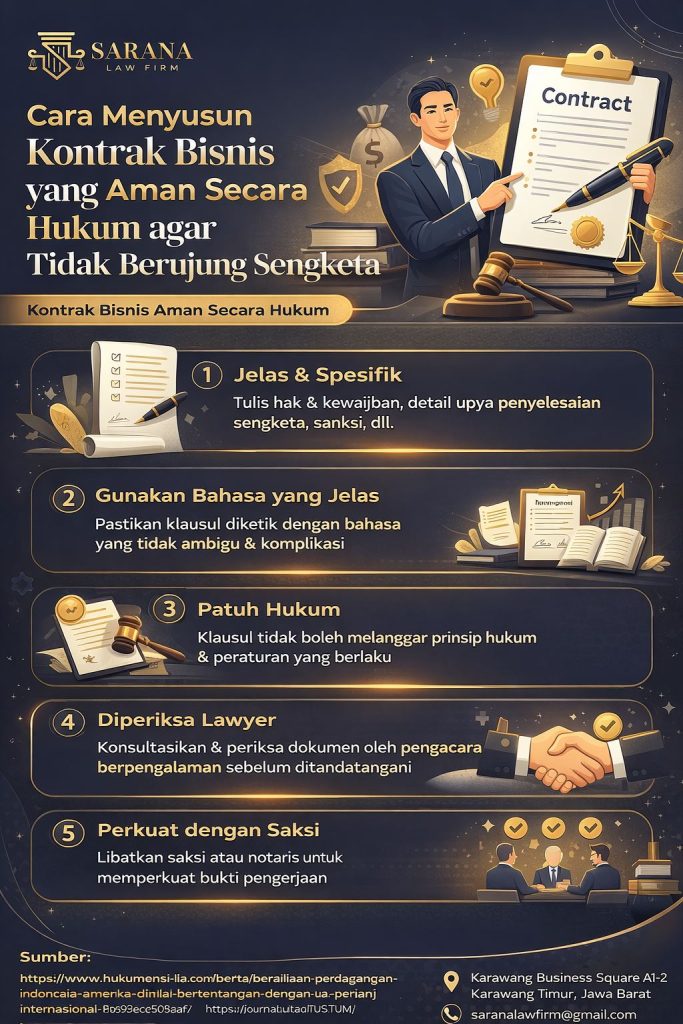 Infografis kontrak bisnis aman secara hukum dari Sarana Law Firm berisi panduan menyusun perjanjian bisnis yang jelas, sah, minim risiko sengketa, dan melindungi hak para pihak.