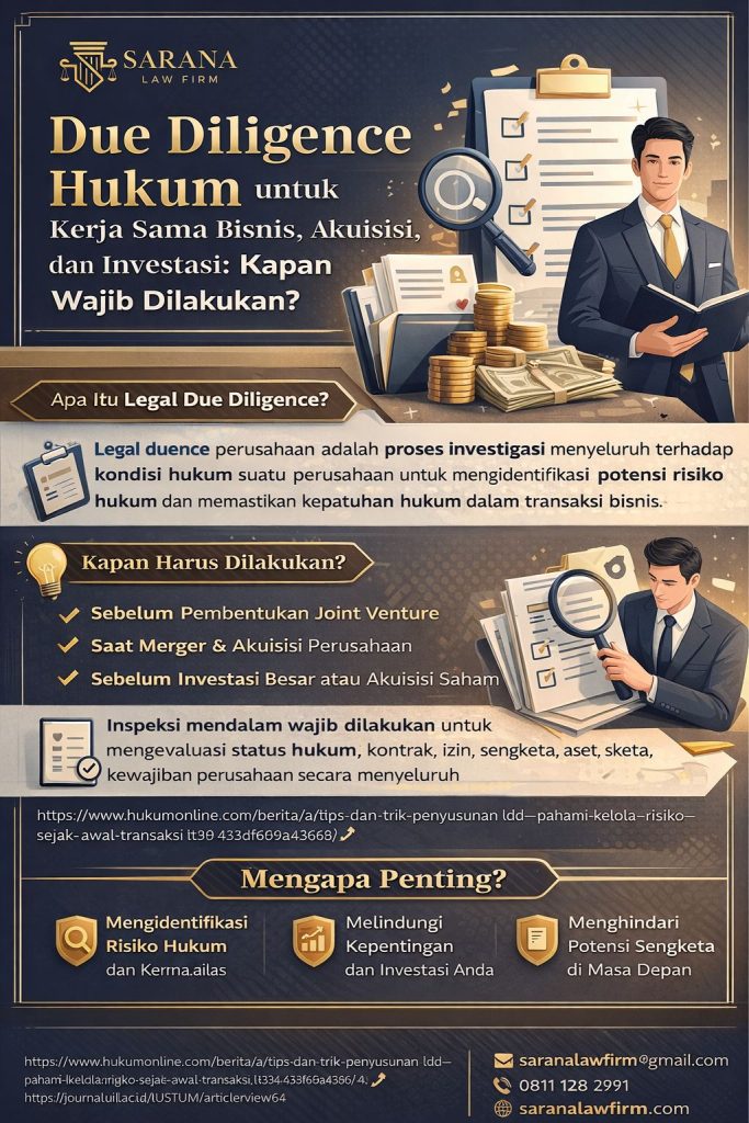 Infografis legal due diligence perusahaan untuk kerja sama bisnis, akuisisi, dan investasi, menampilkan penjelasan kapan due diligence hukum wajib dilakukan, manfaatnya dalam mengidentifikasi risiko hukum, serta elemen visual profesional bernuansa elegan biru tua dan emas khas Sarana Law Firm.