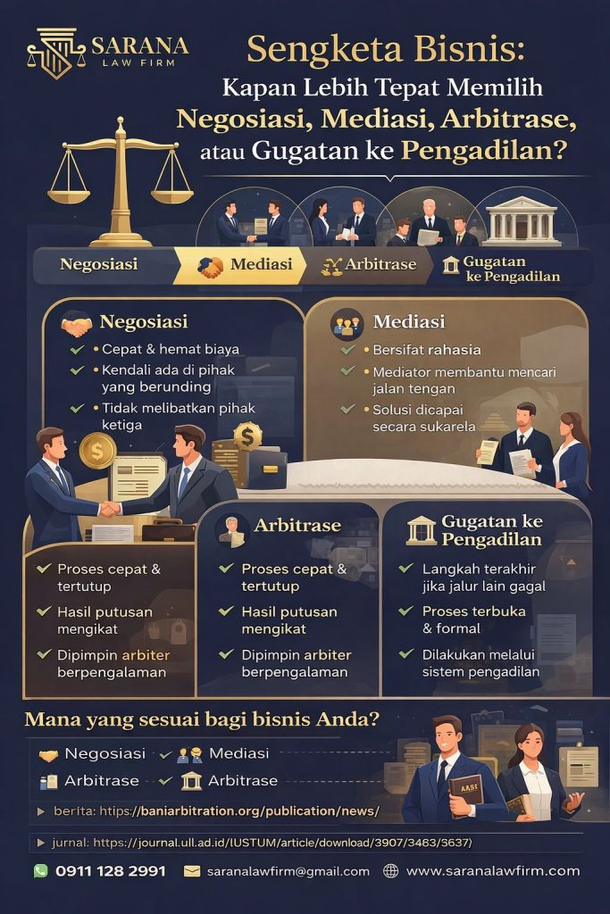 Infografis sengketa bisnis mediasi arbitrase dari Sarana Law Firm yang menjelaskan kapan memilih negosiasi, mediasi, arbitrase, atau gugatan ke pengadilan secara elegan, modern, dan informatif.