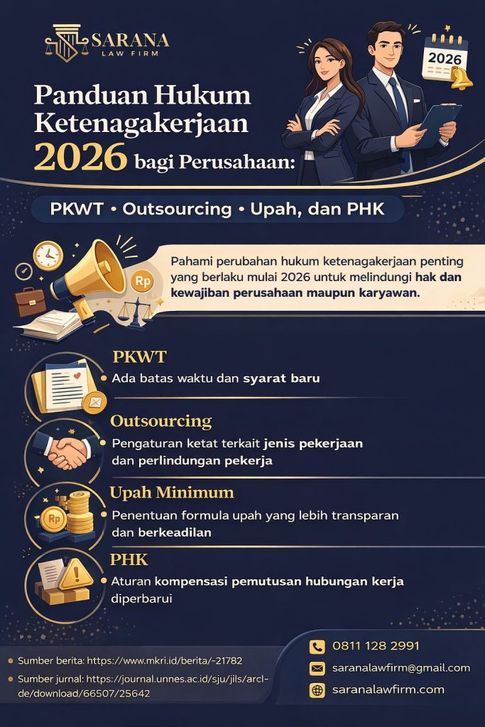 Infografis panduan hukum ketenagakerjaan 2026 bagi perusahaan yang membahas PKWT, outsourcing, upah, dan PHK dengan desain elegan modern bernuansa biru emas dari Sarana Law Firm.