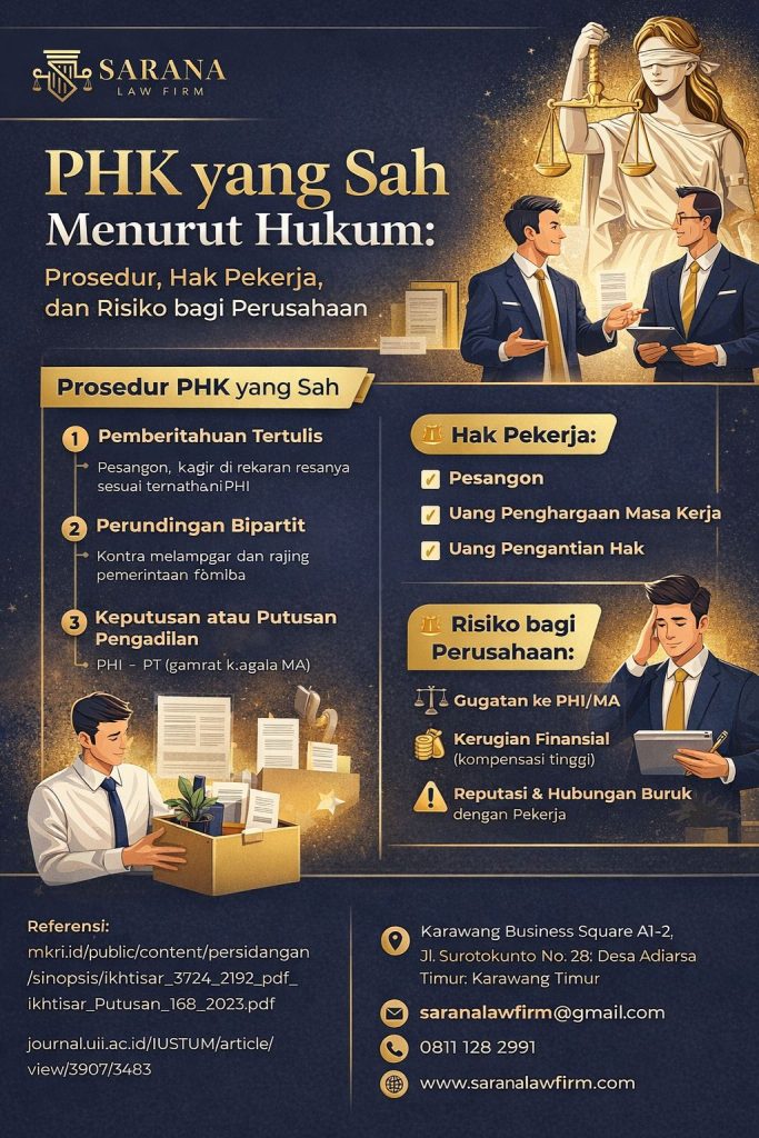 Infografis prosedur PHK yang sah menurut hukum di Indonesia, mencakup tahapan pemutusan hubungan kerja, hak pekerja seperti pesangon dan kompensasi, serta risiko hukum bagi perusahaan jika PHK dilakukan tidak sesuai aturan.