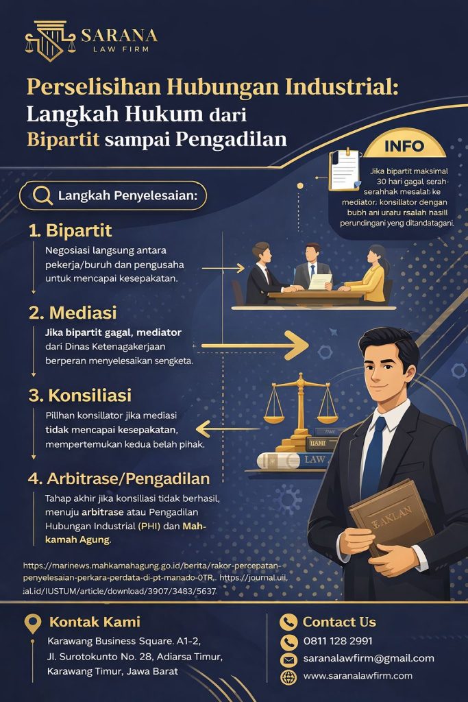 Infografis elegan Sarana Law Firm tentang perselisihan hubungan industrial perusahaan, menampilkan langkah hukum penyelesaian sengketa mulai dari bipartit, mediasi, konsiliasi, hingga Pengadilan Hubungan Industrial dengan ilustrasi profesional bernuansa biru emas.