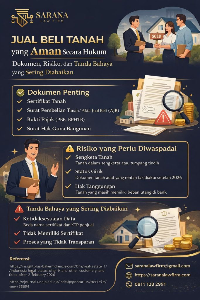 Infografis jual beli tanah aman dari Sarana Law Firm yang membahas dokumen penting, risiko hukum, dan tanda bahaya yang sering diabaikan agar transaksi tanah lebih aman, jelas, dan terlindungi secara hukum.