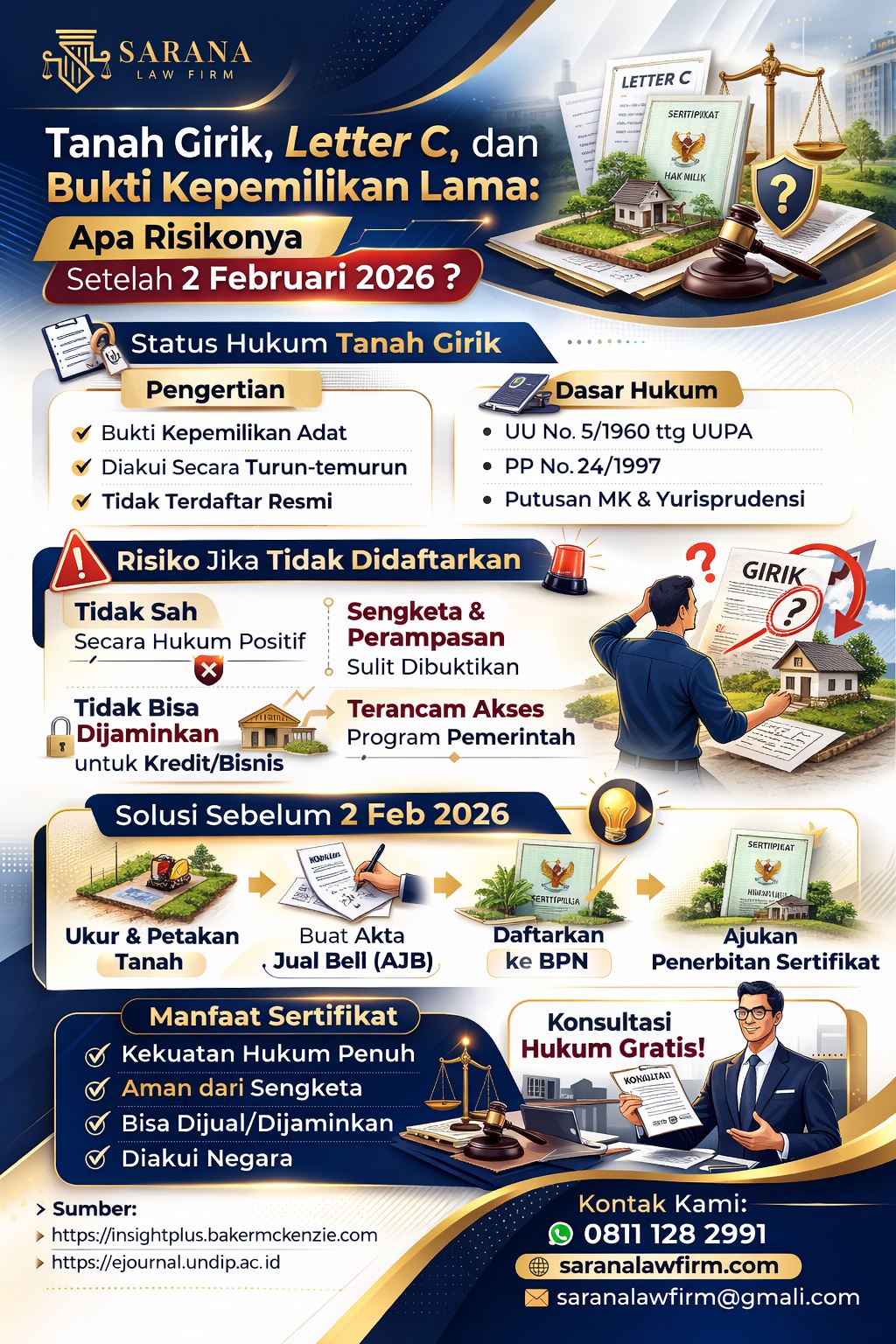 Infografis status hukum tanah girik yang menjelaskan risiko tanah girik, Letter C, dan bukti kepemilikan lama setelah 2 Februari 2026, lengkap dengan langkah sertifikasi tanah, ilustrasi hukum, dan kontak Sarana Law Firm.