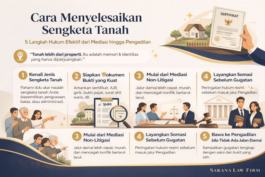 Infografis cara menyelesaikan sengketa tanah dengan 5 langkah hukum efektif dari mediasi hingga pengadilan secara jelas dan profesional
