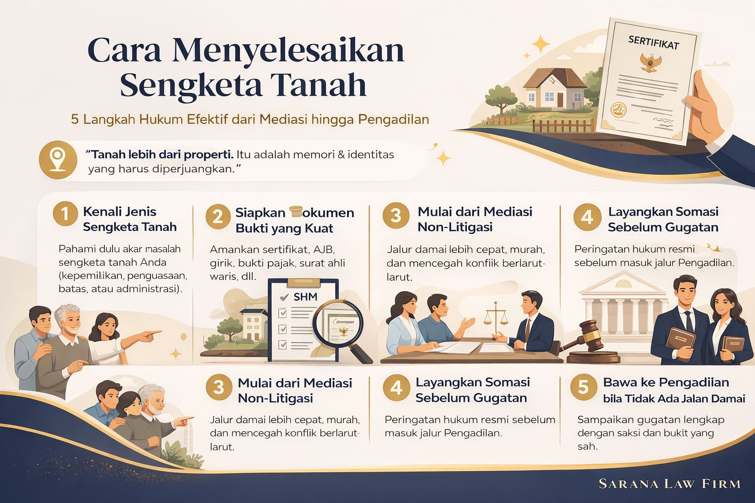 Infografis cara menyelesaikan sengketa tanah dengan 5 langkah hukum efektif dari mediasi hingga pengadilan secara jelas dan profesional