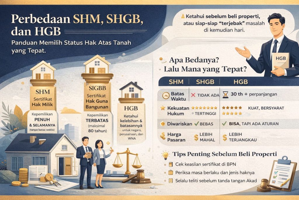 Infografis perbedaan SHM, SHGB, dan HGB yang menjelaskan hak milik tanah, masa berlaku, serta perbandingan kekuatan hukum secara visual modern dan informatif.