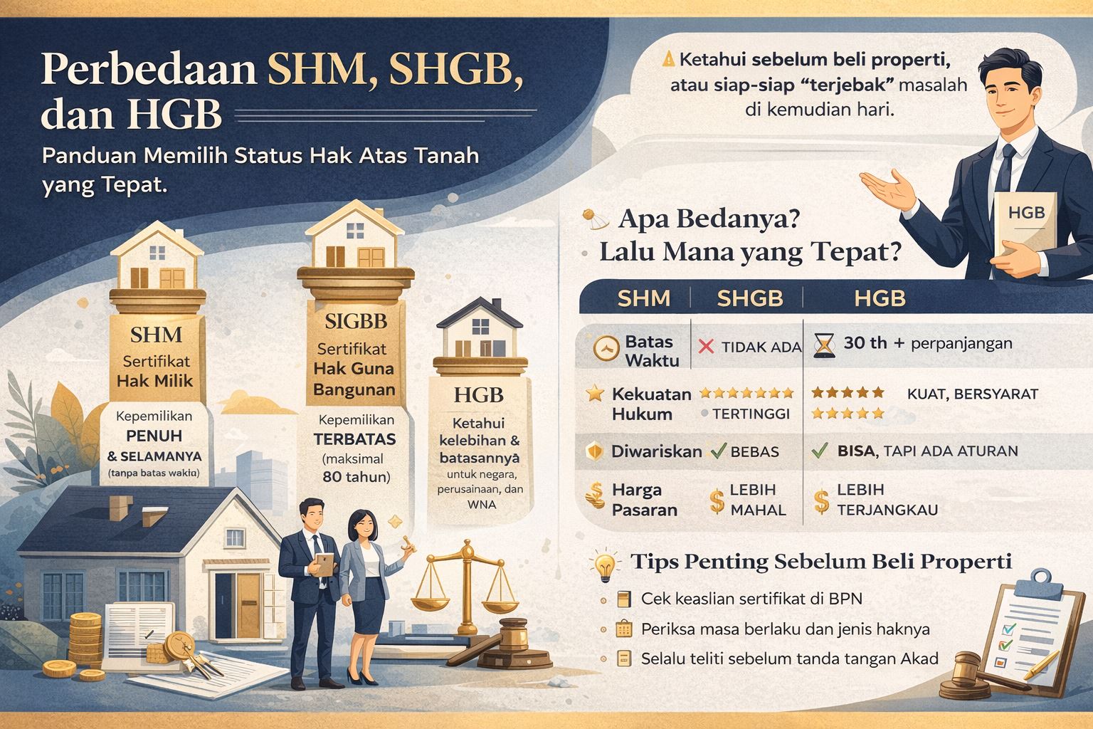 Infografis perbedaan SHM, SHGB, dan HGB yang menjelaskan hak milik tanah, masa berlaku, serta perbandingan kekuatan hukum secara visual modern dan informatif.