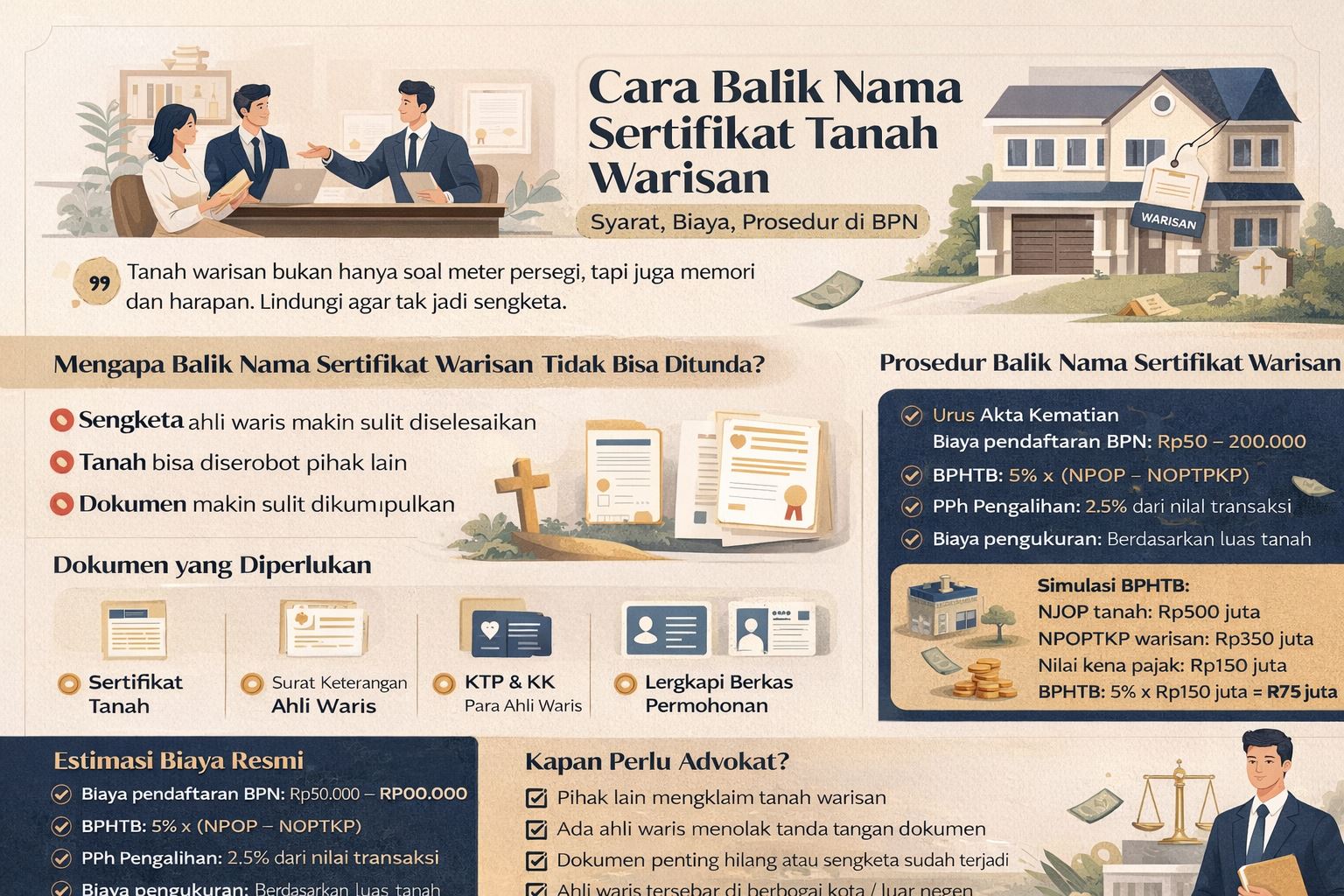 Infografis prosedur balik nama sertifikat tanah warisan di BPN lengkap dengan syarat, biaya, dan langkah praktis bagi ahli waris di Indonesia