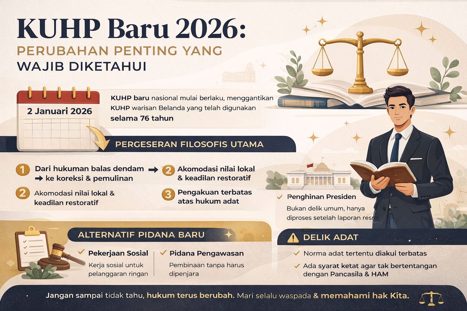Infografis perubahan KUHP baru 2026 di Indonesia yang menampilkan poin penting seperti delik aduan, pidana kerja sosial, hukum adat, dan dampaknya bagi masyarakat serta dunia usaha.