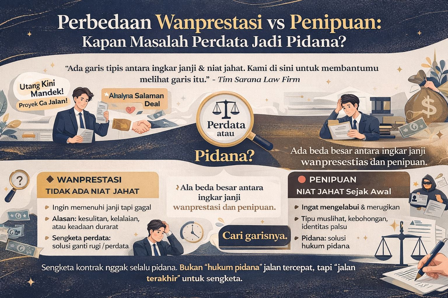 Infografis perbedaan wanprestasi dan penipuan dalam hukum Indonesia, menjelaskan ingkar janji vs niat jahat serta kapan sengketa perdata bisa menjadi pidana.
