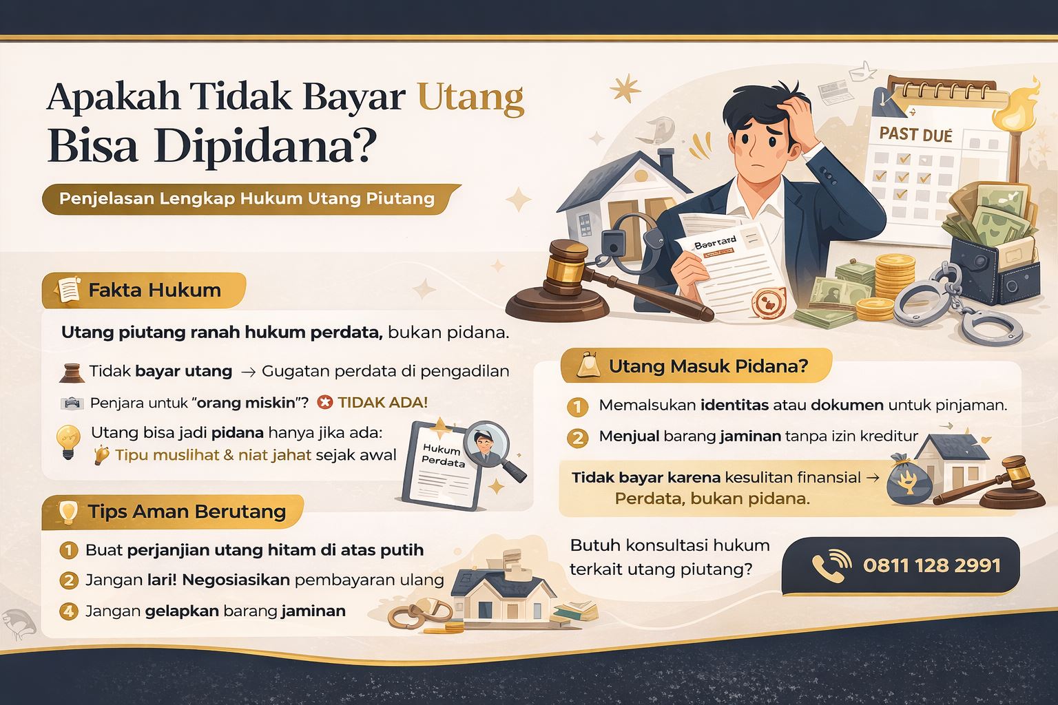 Infografis hukum utang piutang pidana yang menjelaskan apakah tidak bayar utang bisa dipidana, lengkap dengan perbedaan perdata dan pidana serta tips aman berutang.