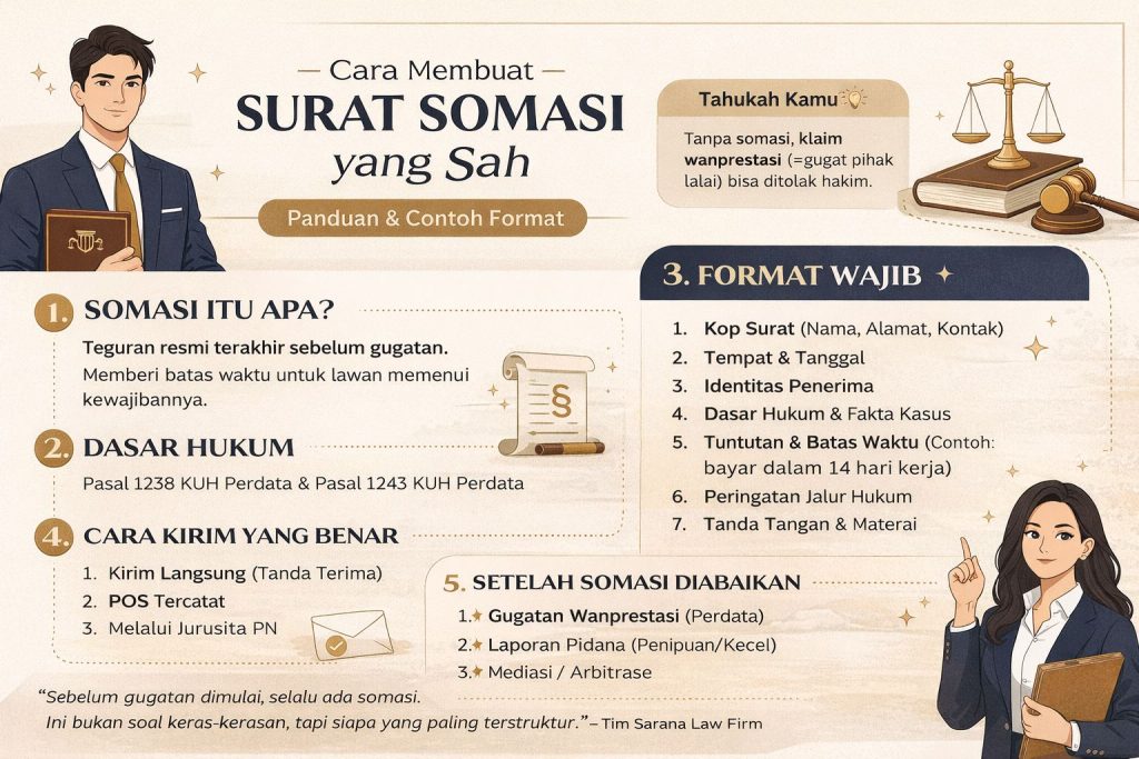 Infografis cara membuat surat somasi yang sah lengkap dengan format, dasar hukum, dan langkah praktis penyusunan somasi profesional