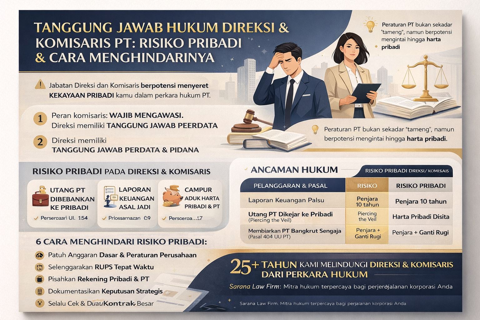 Infografis tanggung jawab direksi komisaris PT yang menjelaskan risiko hukum pribadi, kewajiban fidusia, serta cara menghindari piercing the corporate veil secara visual dan modern