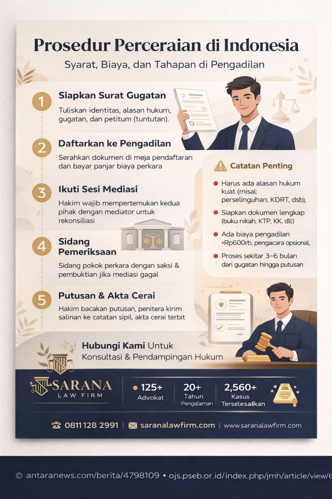 Infografis prosedur perceraian di Indonesia lengkap dengan syarat, biaya, dan tahapan sidang di pengadilan secara jelas dan sistematis