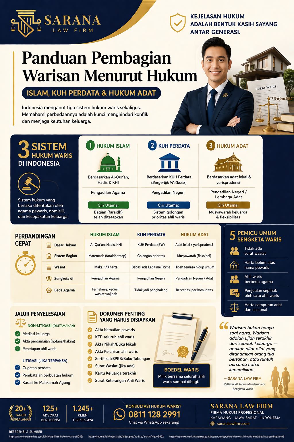 Infografis pembagian warisan menurut hukum di Indonesia meliputi hukum Islam, KUH Perdata, dan hukum adat secara komprehensif