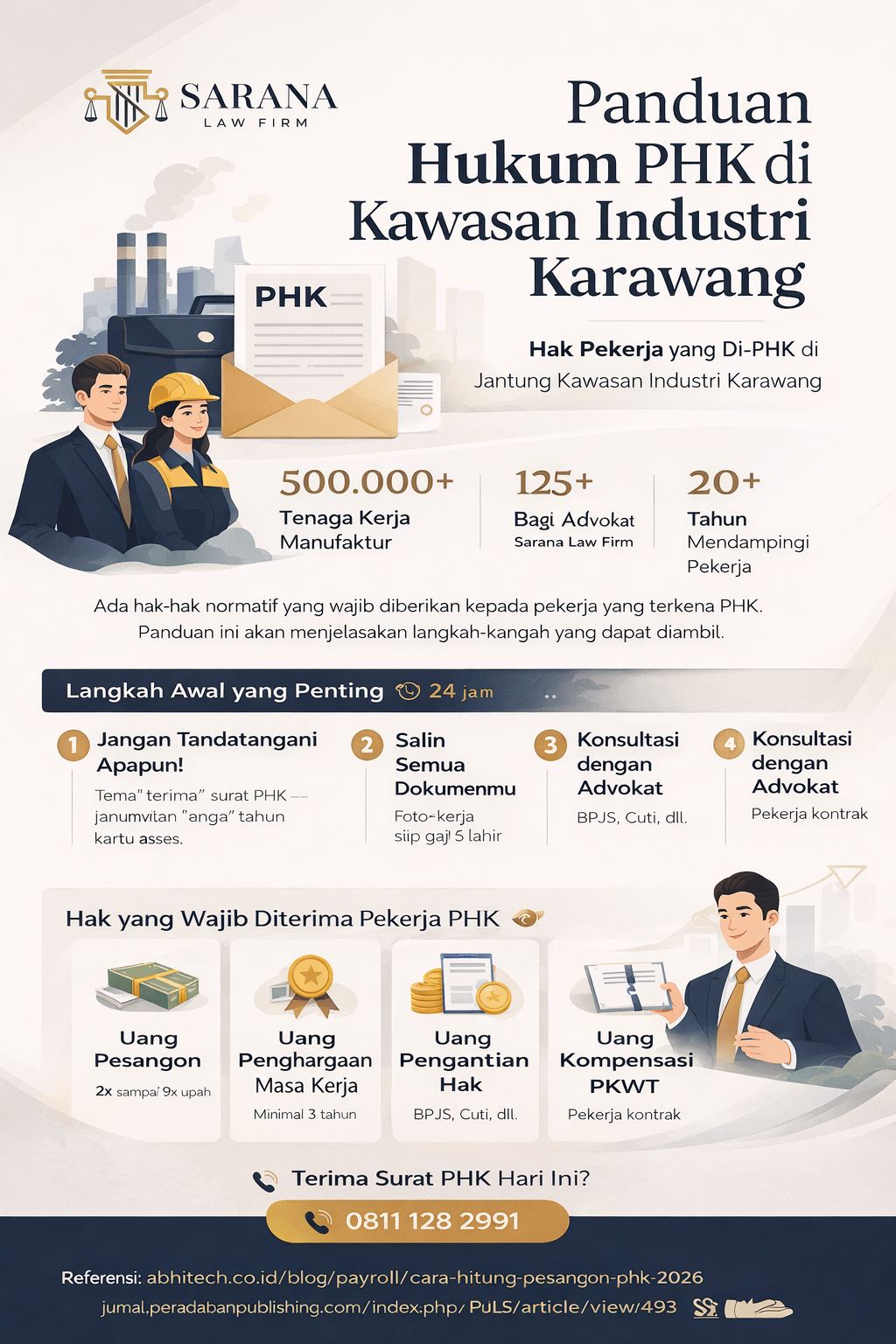 Infografis hak pekerja PHK Karawang berisi panduan hukum pesangon, kompensasi, dan langkah penting setelah terkena PHK di kawasan industri