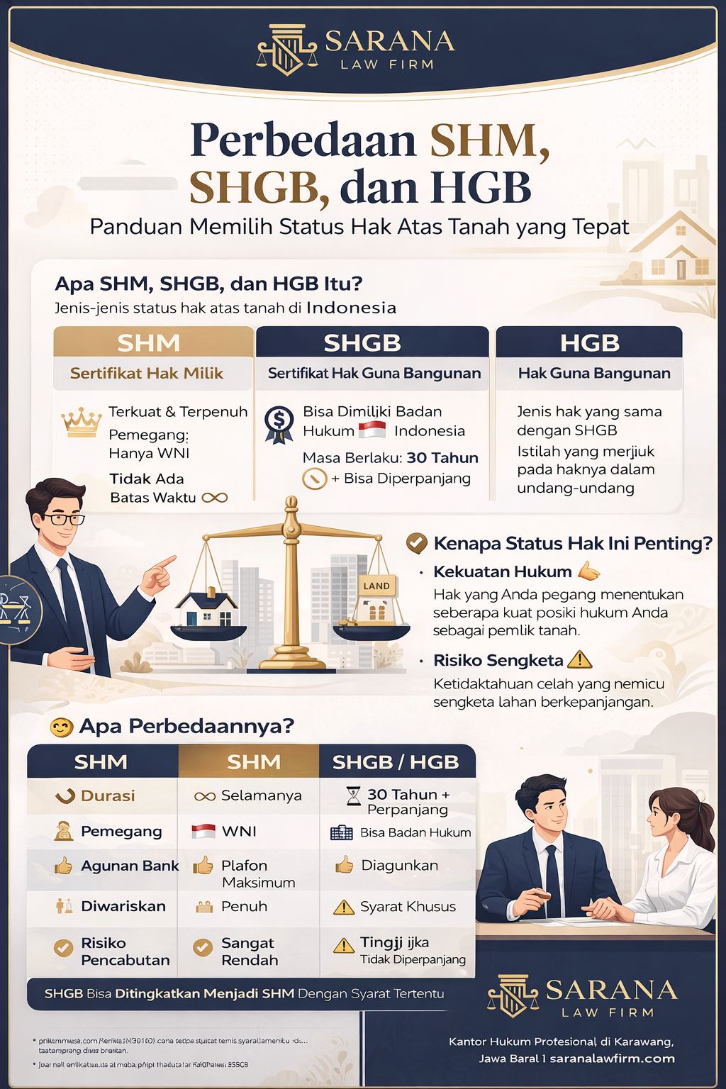 Infografis perbedaan SHM, SHGB, dan HGB lengkap dengan penjelasan hak atas tanah dan masa berlaku sertifikat di Indonesia